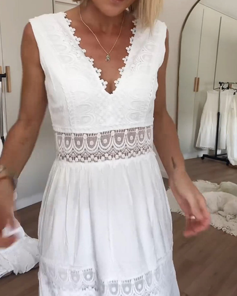 V-Neck Sleeveless Lace Trim Tiered Midi Dress
