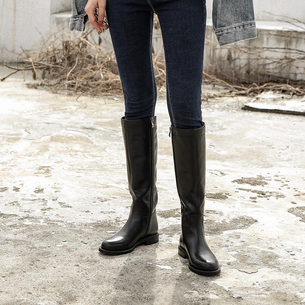 Handmade Soft��Leather Knee High Boots Side Zip Riding Boots Black Short Plush