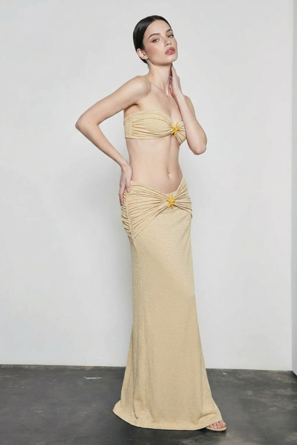 Strapless Twist Bandeau Top and Ruched Waist Maxi Skirt Two Piece Set 2