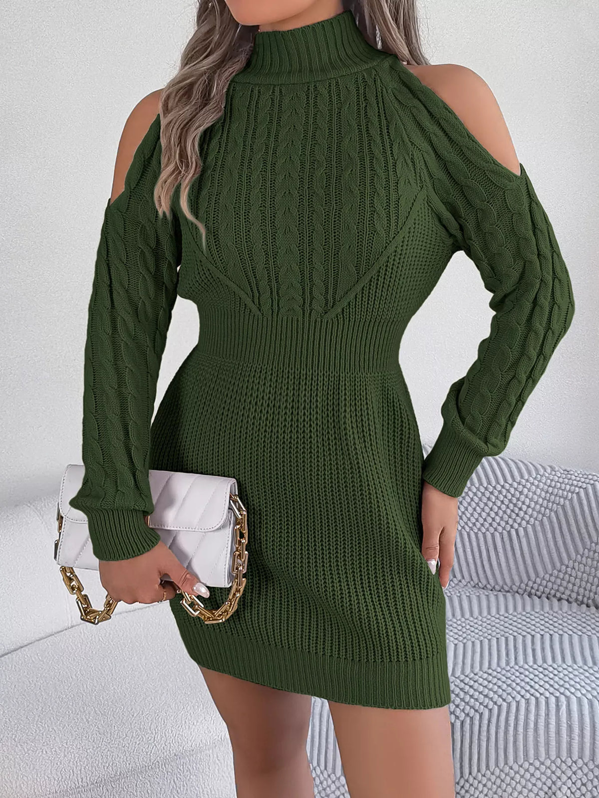 Cold Shoulder Cable Knit Turtleneck Long Sleeve Sweater Dress 5
