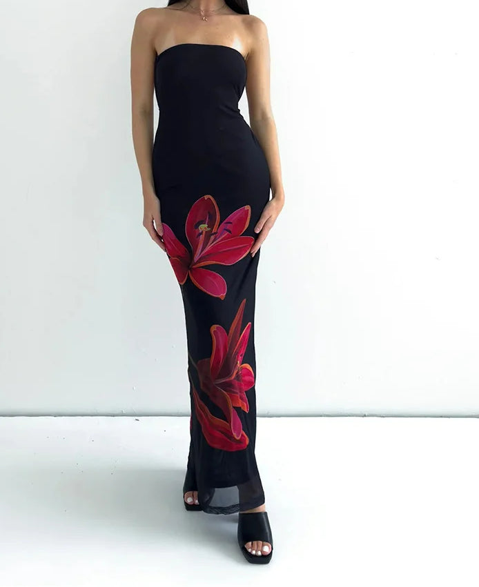 Floral Print Strapless Tube Bodycon Maxi Dress