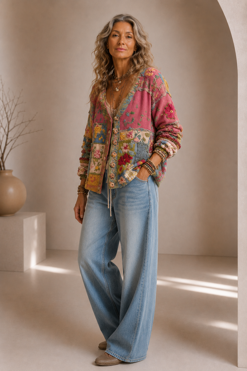 Floral Patchwork Boho Knit Cardigan