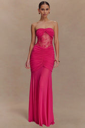 Lace Strapless Ruching Hollow Slim Long Lace Dress