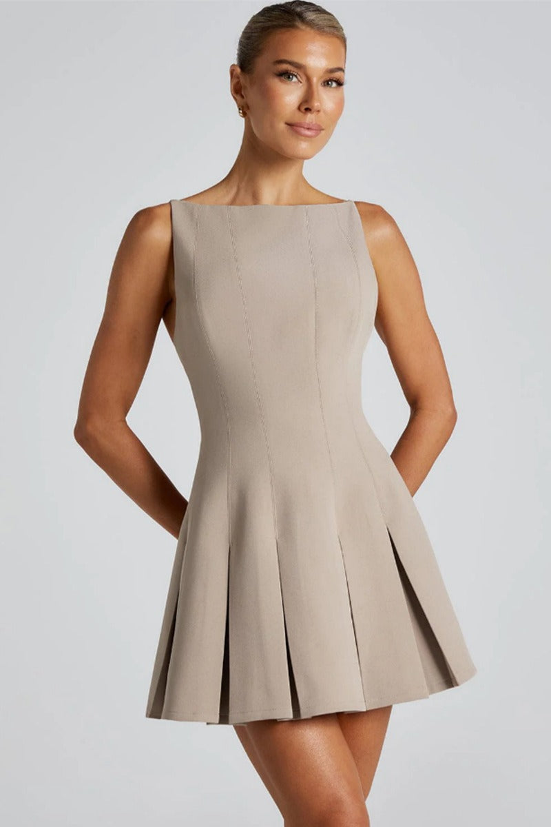 Boat Neck Sleeveless Box Pleat Structured Fit and Flare Mini Cocktail Dress