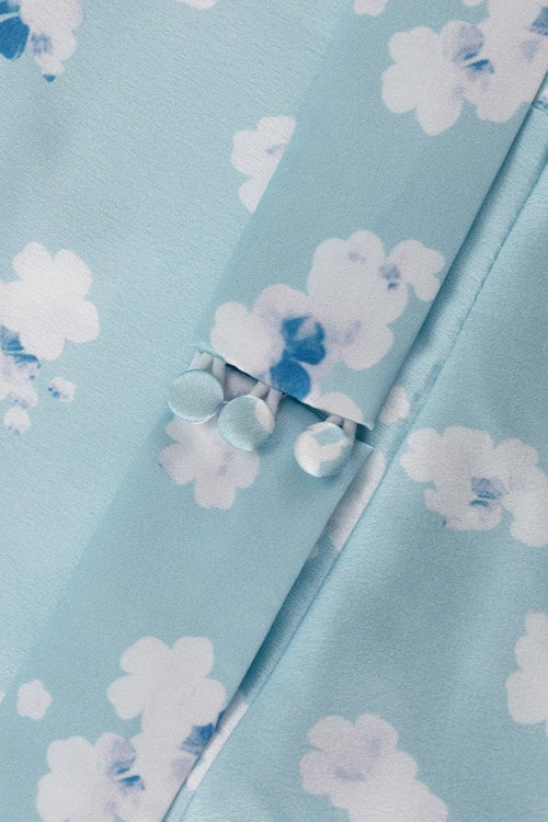 Satin Floral Print Collar Long Sleeve Belted Midi Dress