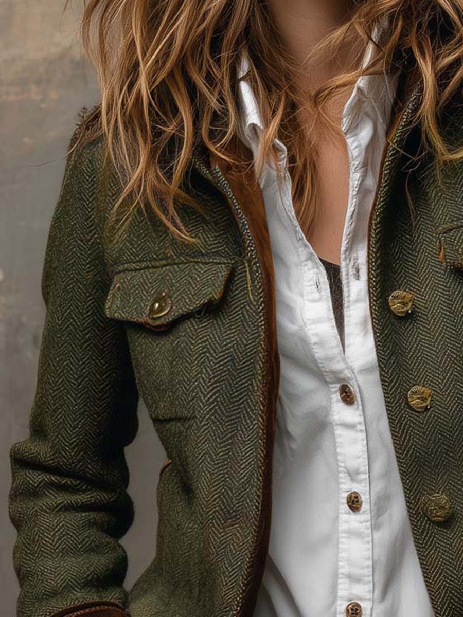 Herringbone Tweed Contrast Trim Button Front Jacket