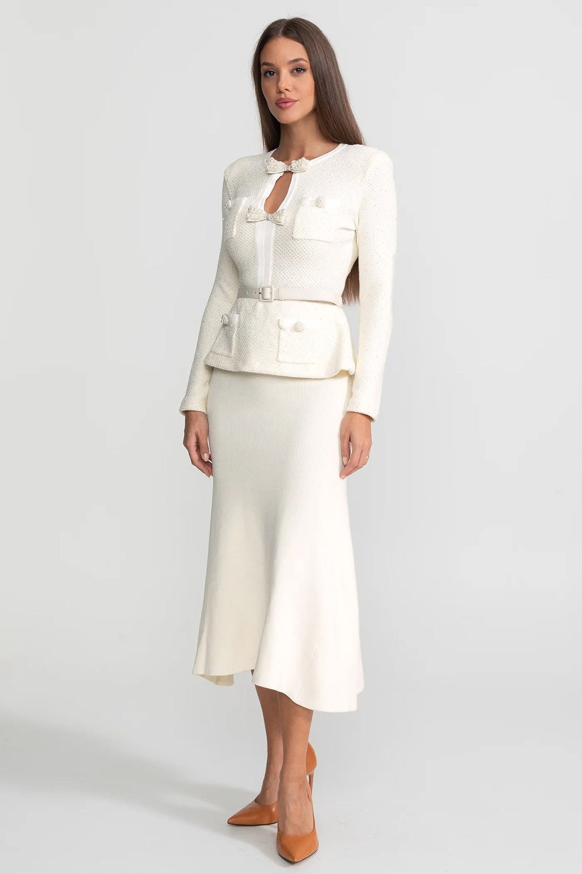 Bow Front Belted Peplum Knit Jacket and Midi Skirt Two Piece Set 2