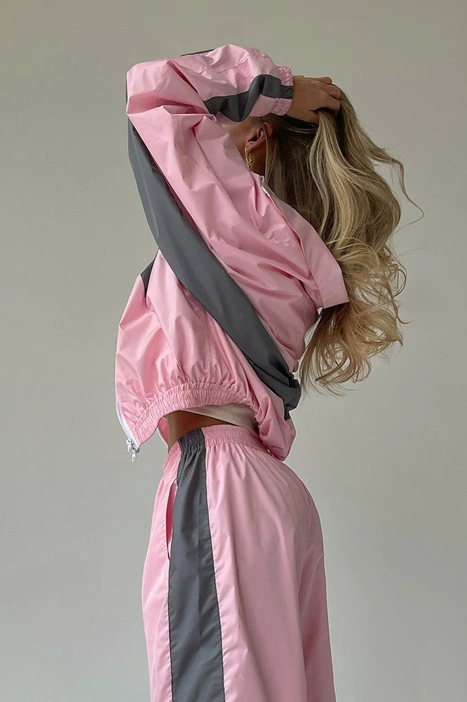 Colorblock Windbreaker Track Jacket and Side Stripe Wide Leg Pants Two Piece Set 2