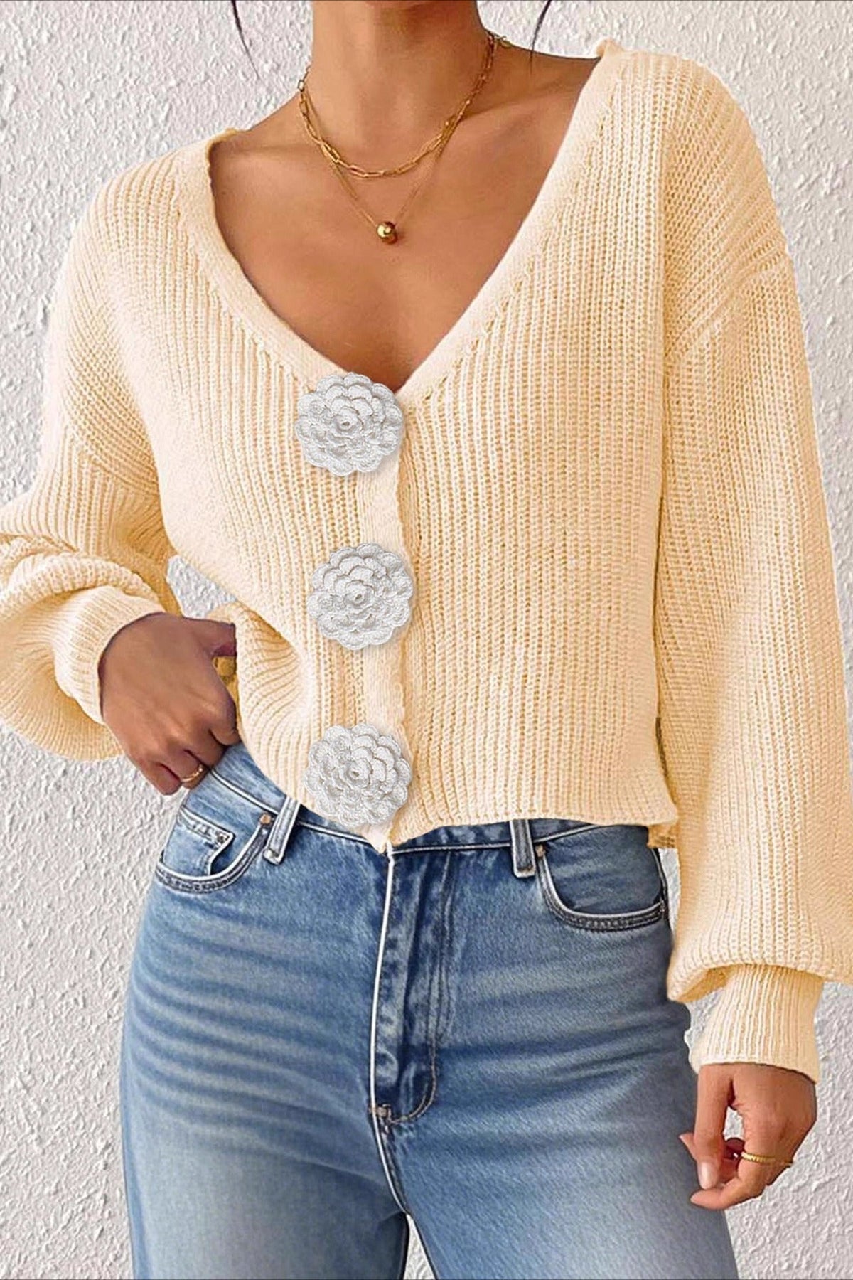 V-Neck Crochet Flower Button Front Ribbed Knit Cropped Cardigan 21