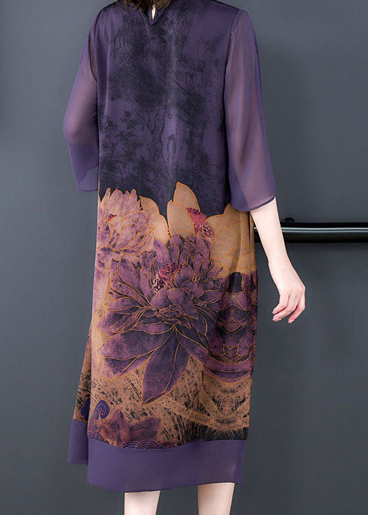 Mandarin Collar Keyhole Sheer Bell Sleeve Floral Print Midi Dress