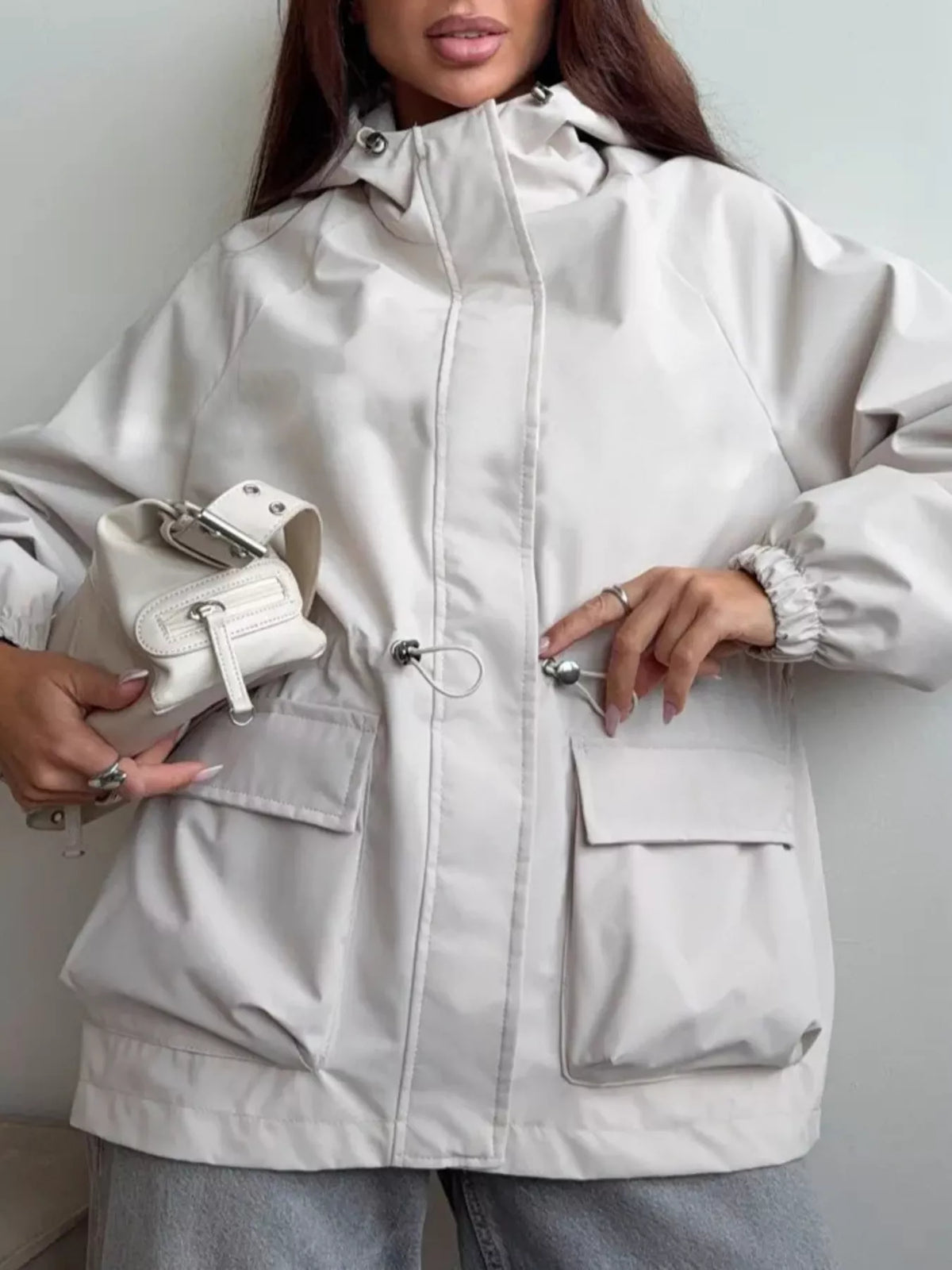 Hooded Drawstring Waist Flap Pocket Zip Front Windbreaker Jacket 16