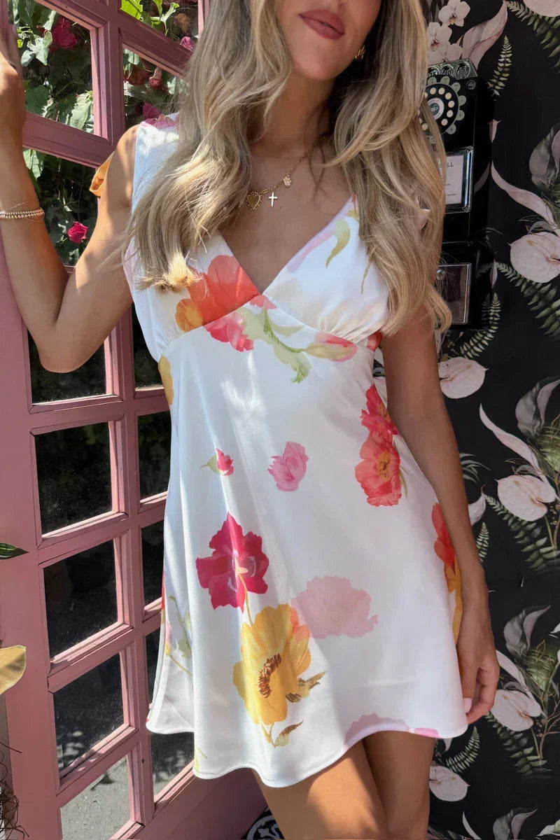 Floral Print Satin V-Neck Tie Shoulder Empire Waist Mini Dress 3