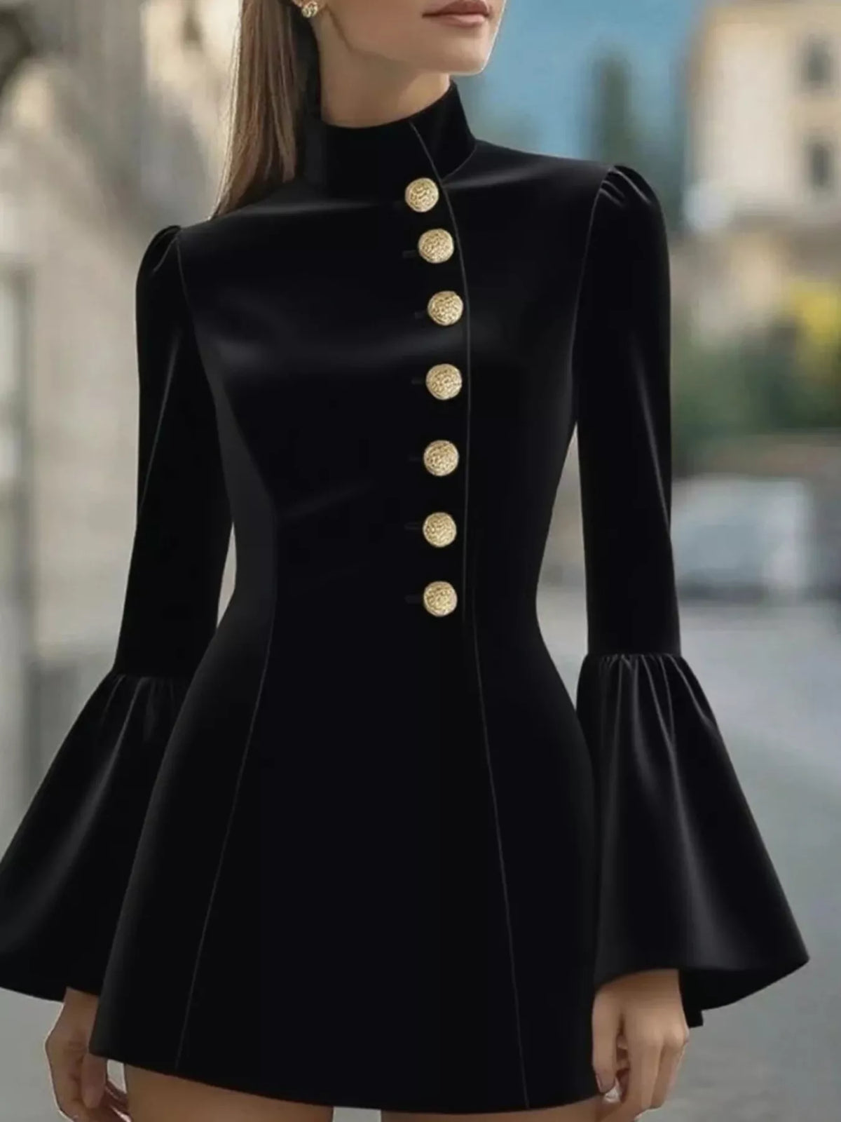 Velvet Mock Neck Bell Sleeve Button Front Mini Dress