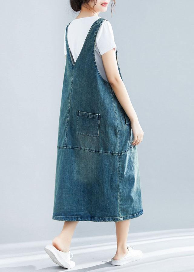 Denim Lace Patchwork Bib Strap Pinafore Midi Dress
