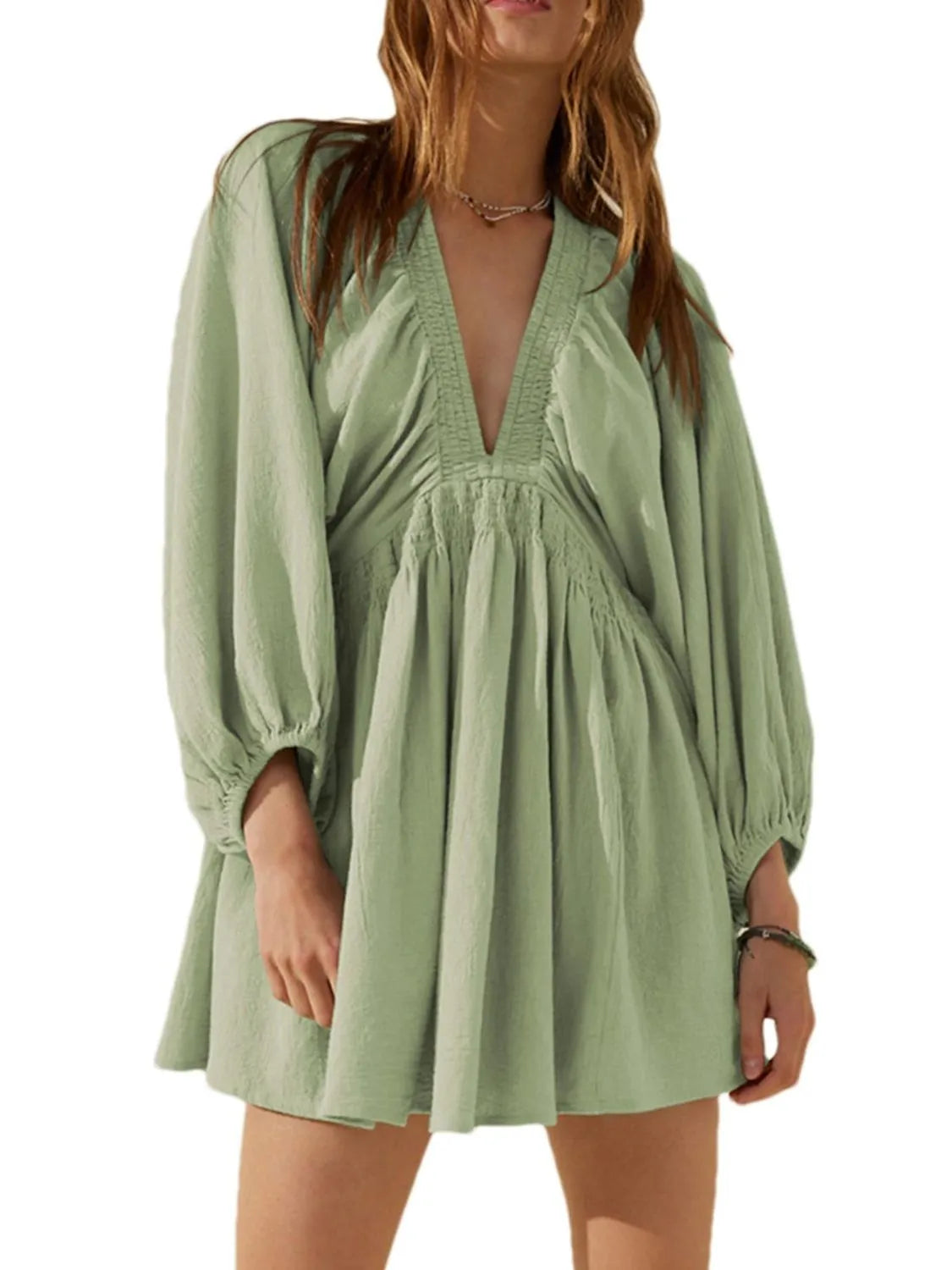 Textured Deep V-Neck Balloon Sleeve Smocked Waist Swing Mini Dress 13