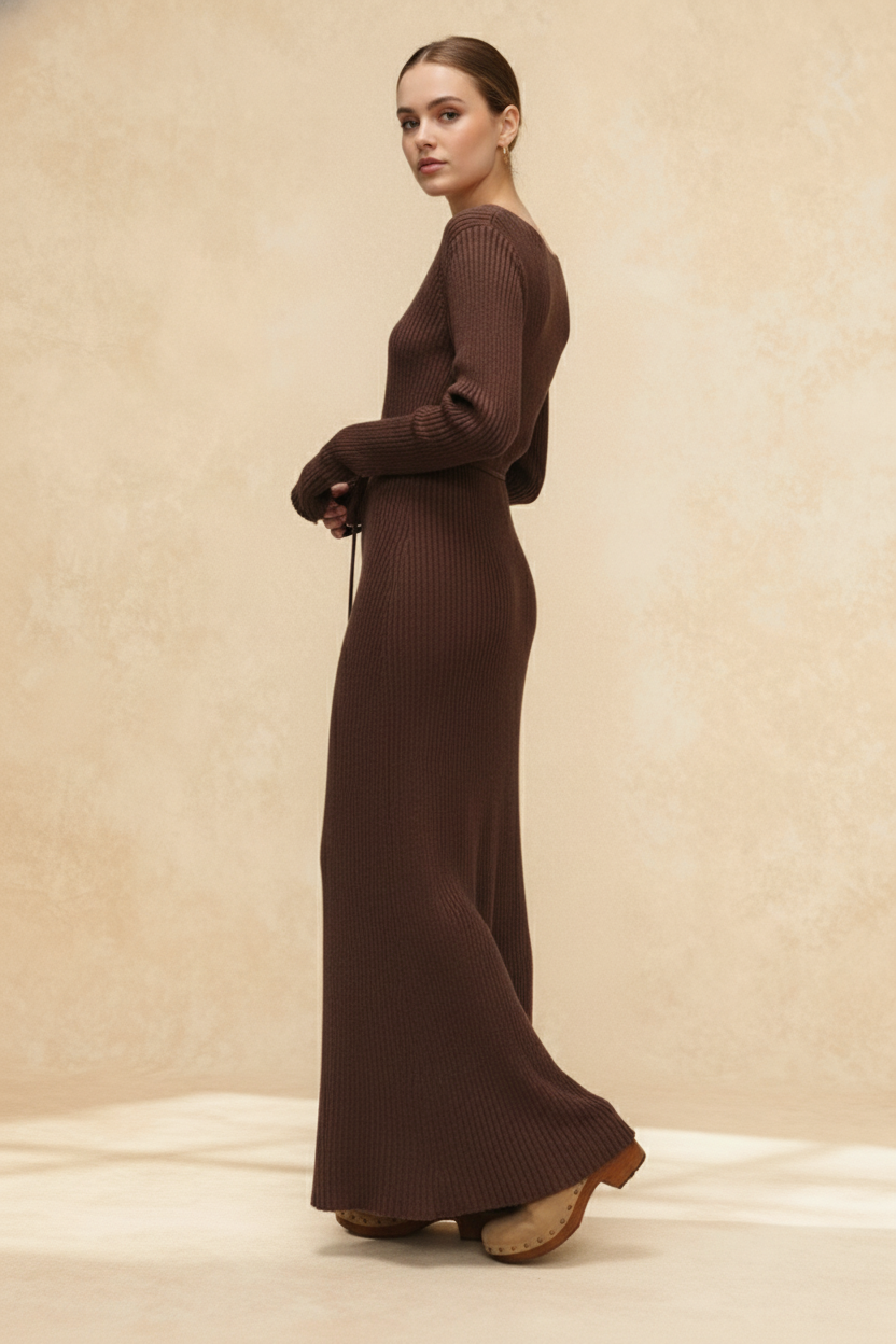 VNeck Long Sleeve Knit Sweater Dress