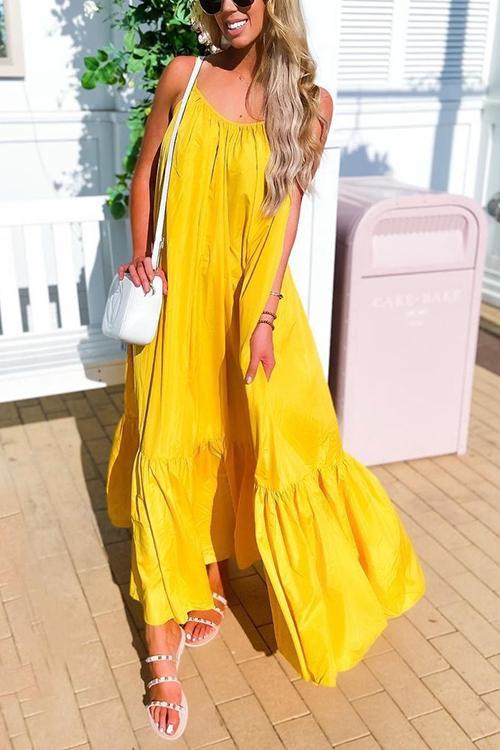 Spaghetti Strap V-Neck Tiered Ruffle Hem Maxi Dress