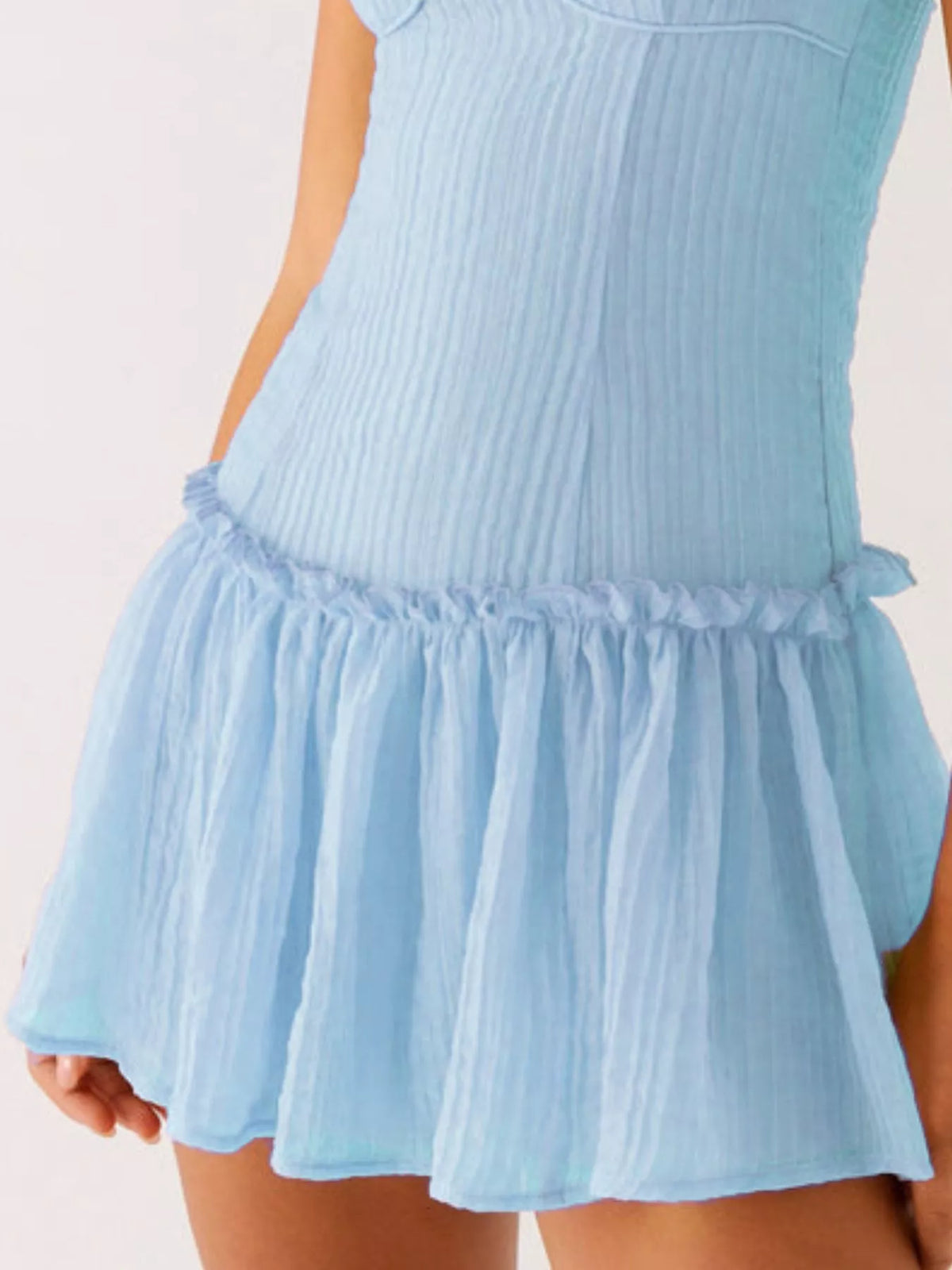 Textured Square Neck Cami Drop Waist Ruffle Hem Mini Dress 12
