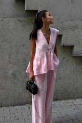Cotton V Neck Sleeveless Vest Pants Two Piece Set
