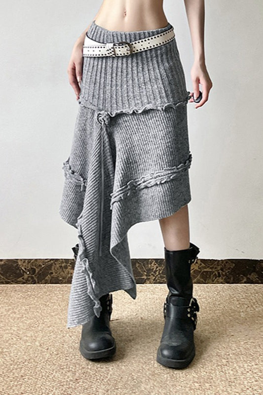 Knit Asymmetric Hem High Waist Midi Skirt