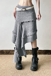 Knit Asymmetric Hem High Waist Midi Skirt