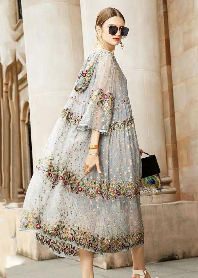 Boutique Grey V Neck Embroidered Tulle Dresses Two Pieces Set - View 2
