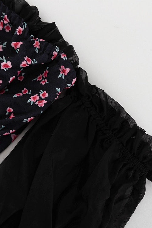 Off Shoulder Puff Sleeve Floral Print Fit and Flare Mini Dress