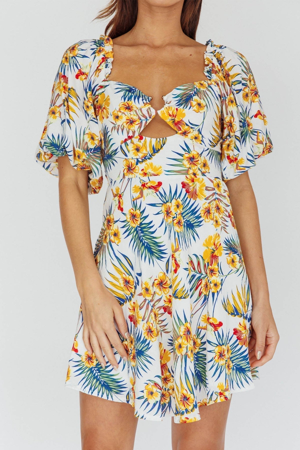 Tropical Floral Print Puff Sleeve Cut Out Bust Mini Dress 4