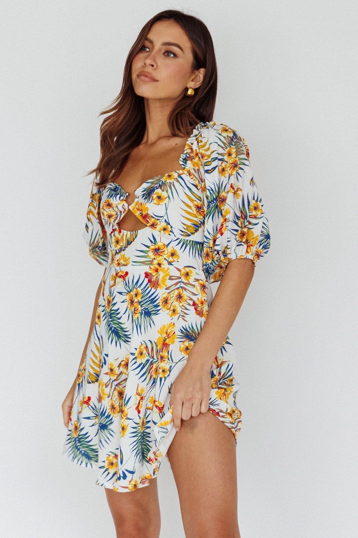 Tropical Floral Print Puff Sleeve Cut Out Bust Mini Dress 5