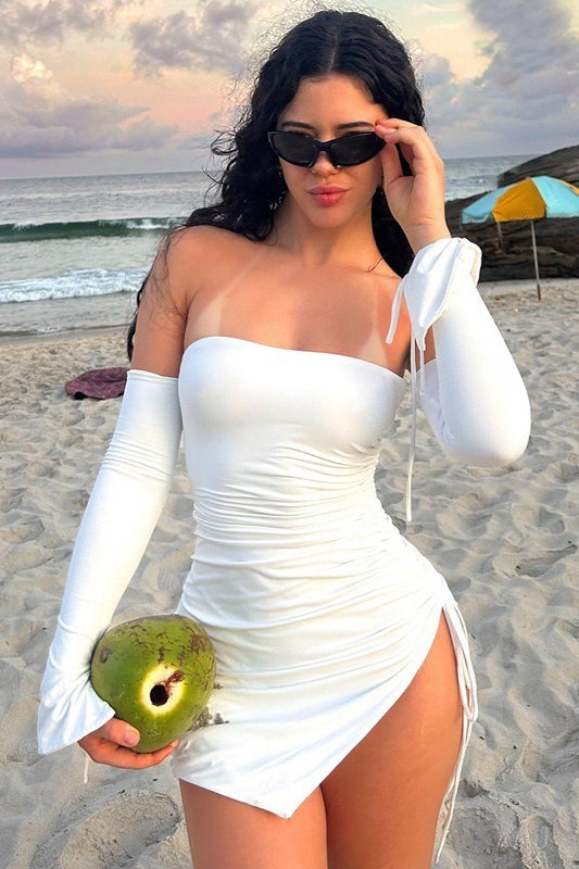Strapless Ruched Drawstring Side Split Mini Dress with Detached Sleeves