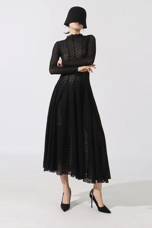 Hollow Out Mesh High Collar Slim Fit Maxi Dress