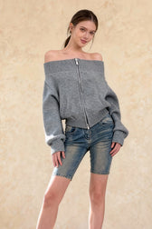 Retro Zip Off-Shoulder Slim-Fit One-Size Knit Cardigan