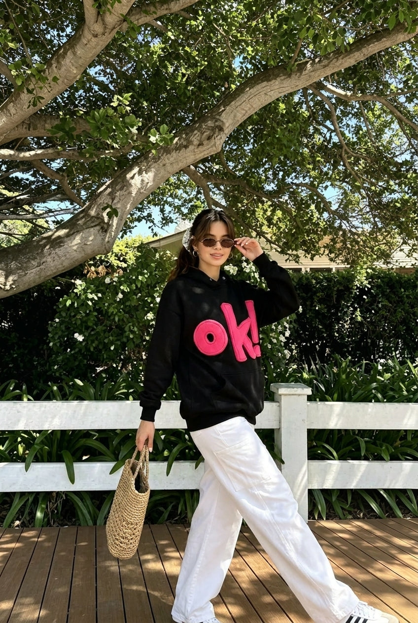 Letter Applique Long Sleeve Oversized Pullover Hoodie