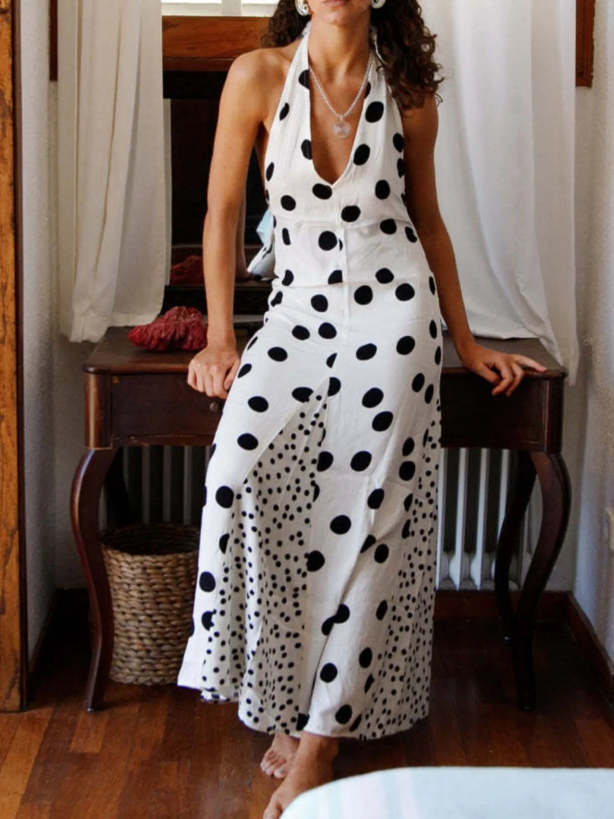 Polka Dot Deep V-Neck Halter Neck Backless Maxi Dress