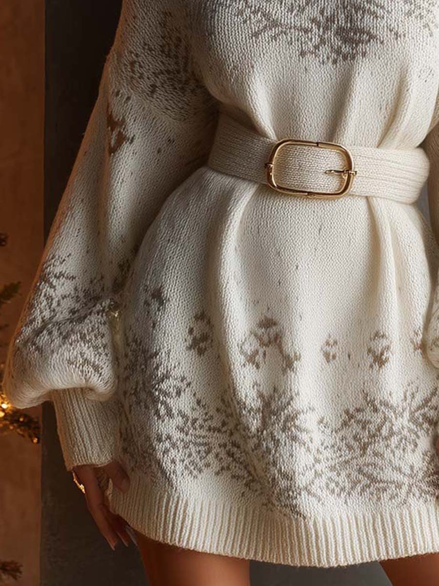 Snowflake Knit Sweater Dress With Belt - FashionAxe