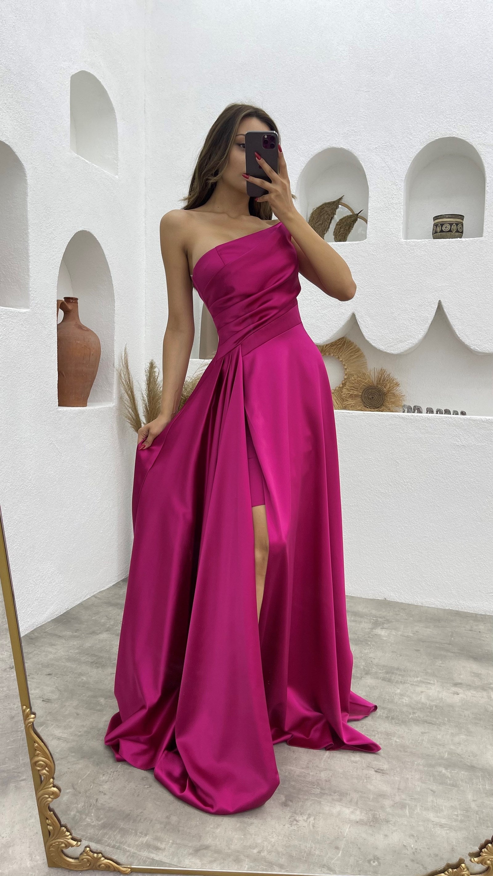 22192 - Asymmetric Strapless Draped Sleek Satin High Slit Party Prom Formal Evening Dress