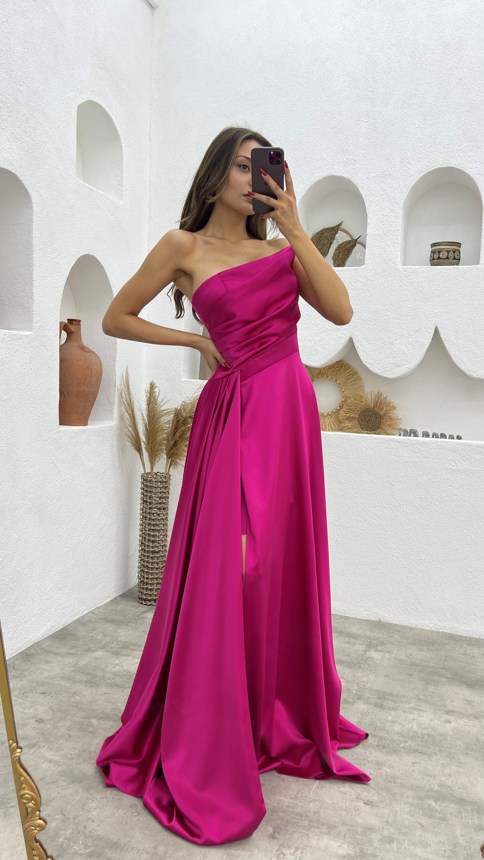 22192 - Asymmetric Strapless Draped Sleek Satin High Slit Party Prom Formal Evening Dress