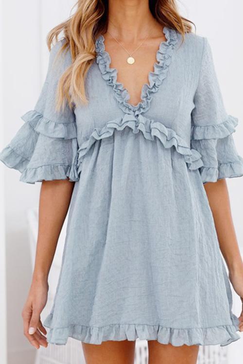 Ruffled Lace-up V-neck Dress