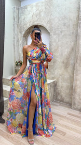 Floral Chiffon One Shoulder High Split Maxi Dress 3
