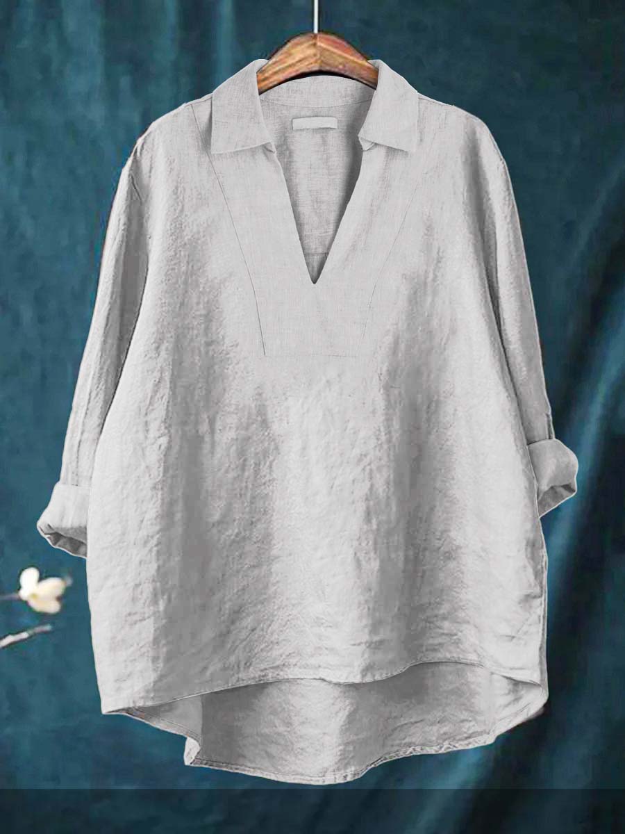 Collared V-Neck Long Sleeve Linen Look Popover Top