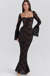 Strapless Lace Flared Backless Bodycon Maxi Lace Dress