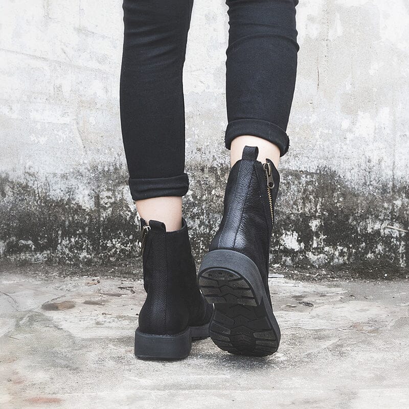 Full Grain Leather Zip Boots Retro Women Chunky Ankle Boots Black/Coffee