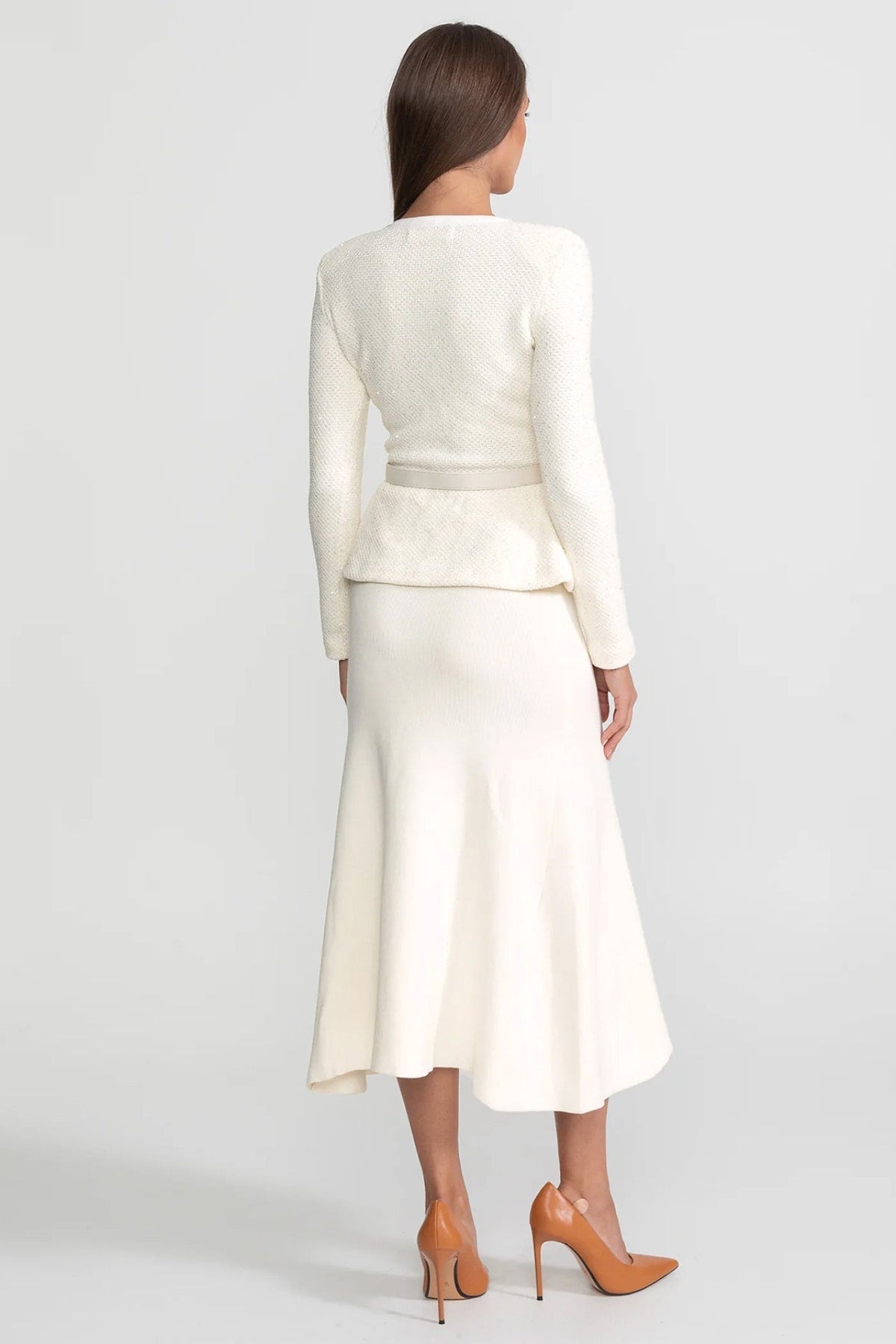 Bow Front Belted Peplum Knit Jacket and Midi Skirt Two Piece Set 3