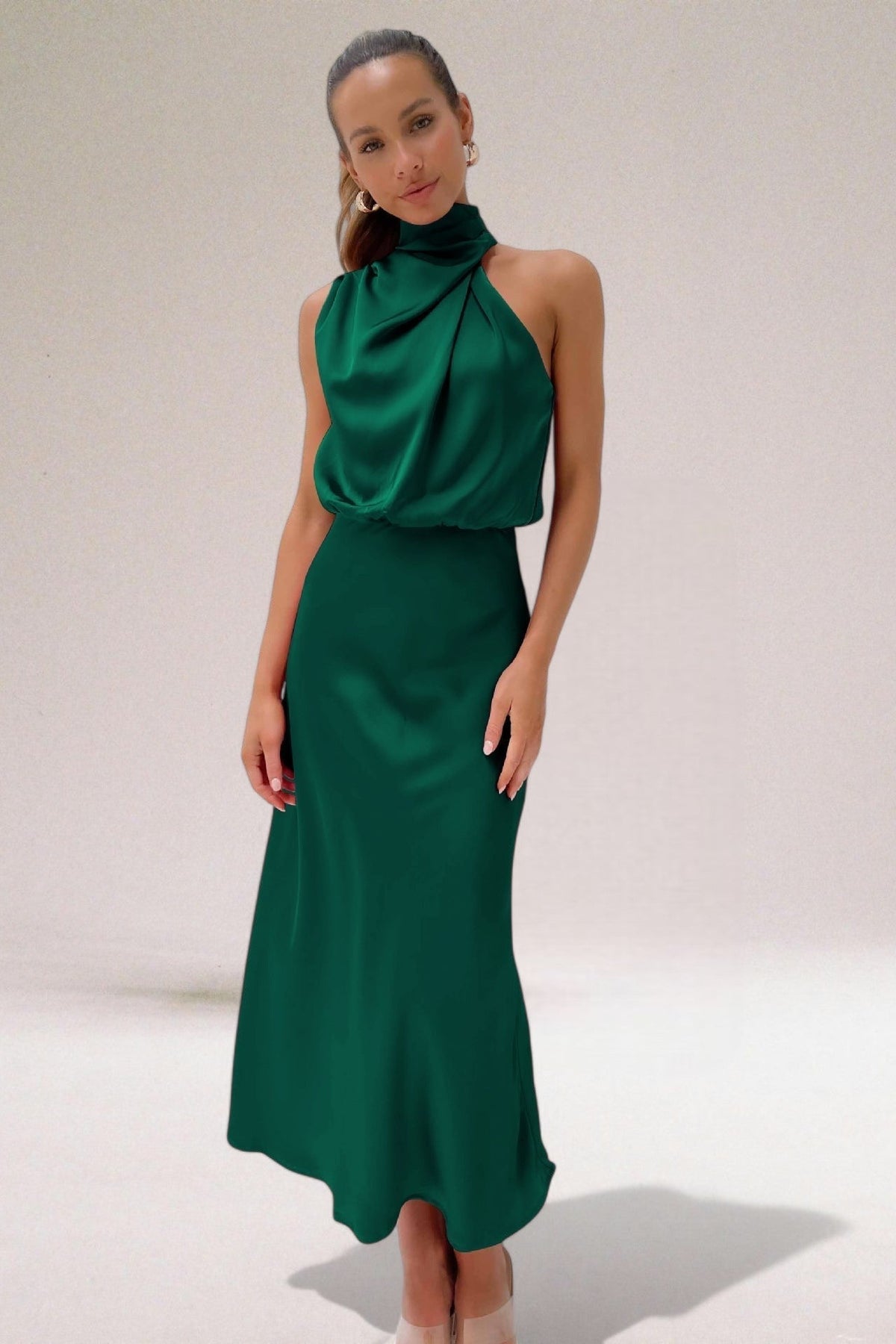 Satin High Neck One Shoulder Draped Maxi Dress