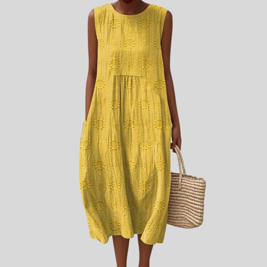 Round Neck Sleeveless Textured Dot Pocket Midi Dress