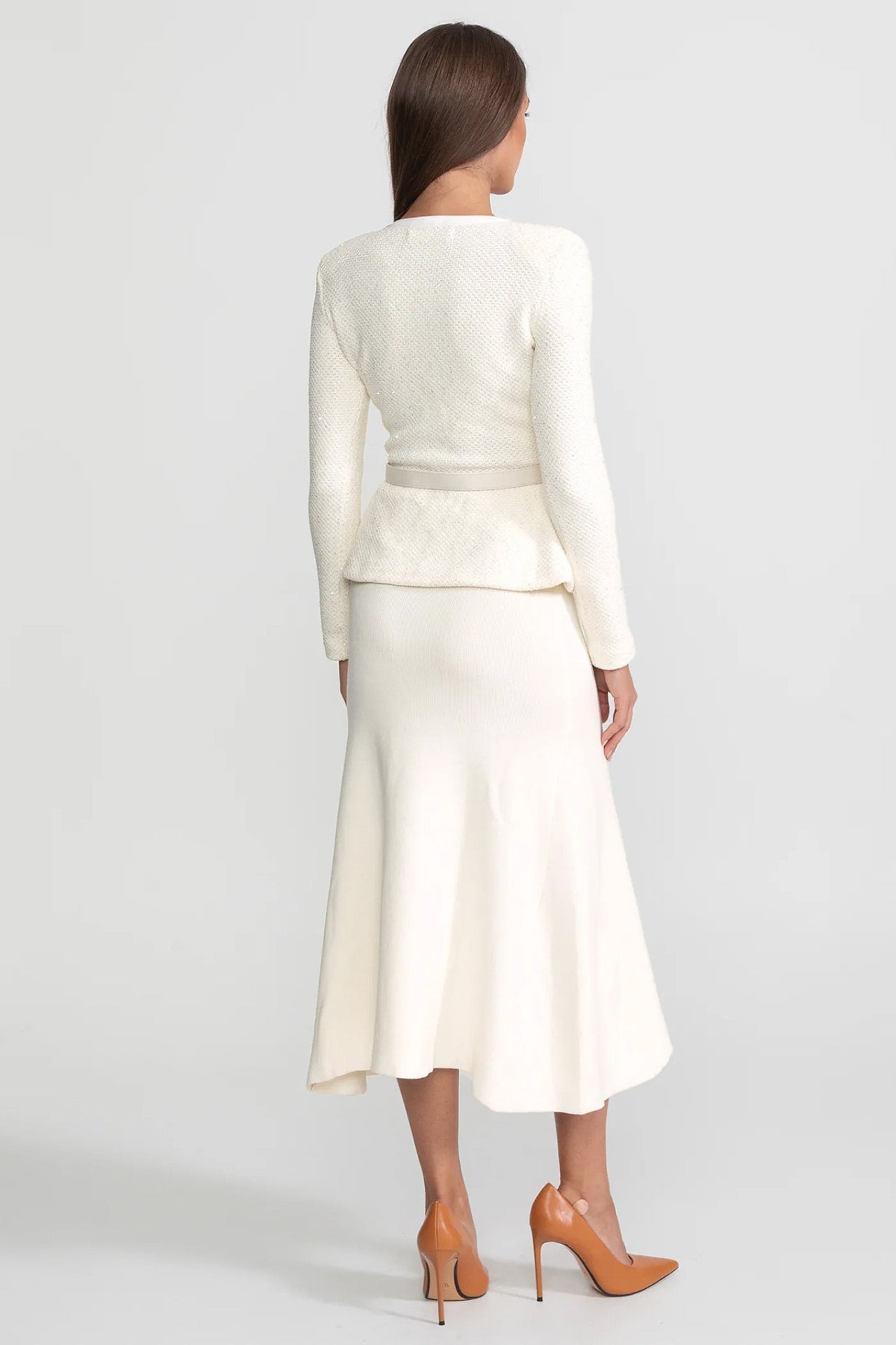 Tweed Peplum Knit Midi Dress – Ivoire