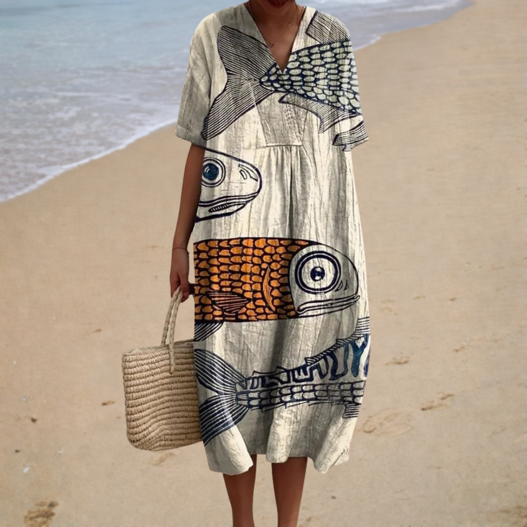 Fish Print V-Neck Short Sleeve Loose Midi Dress