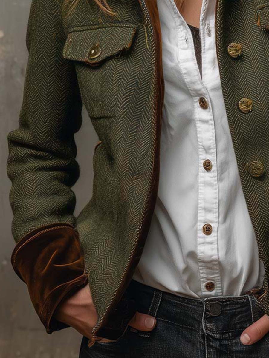 Herringbone Tweed Contrast Trim Button Front Jacket