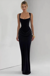 Solid Square Neck Ruched Panel Bodycon Party Dress