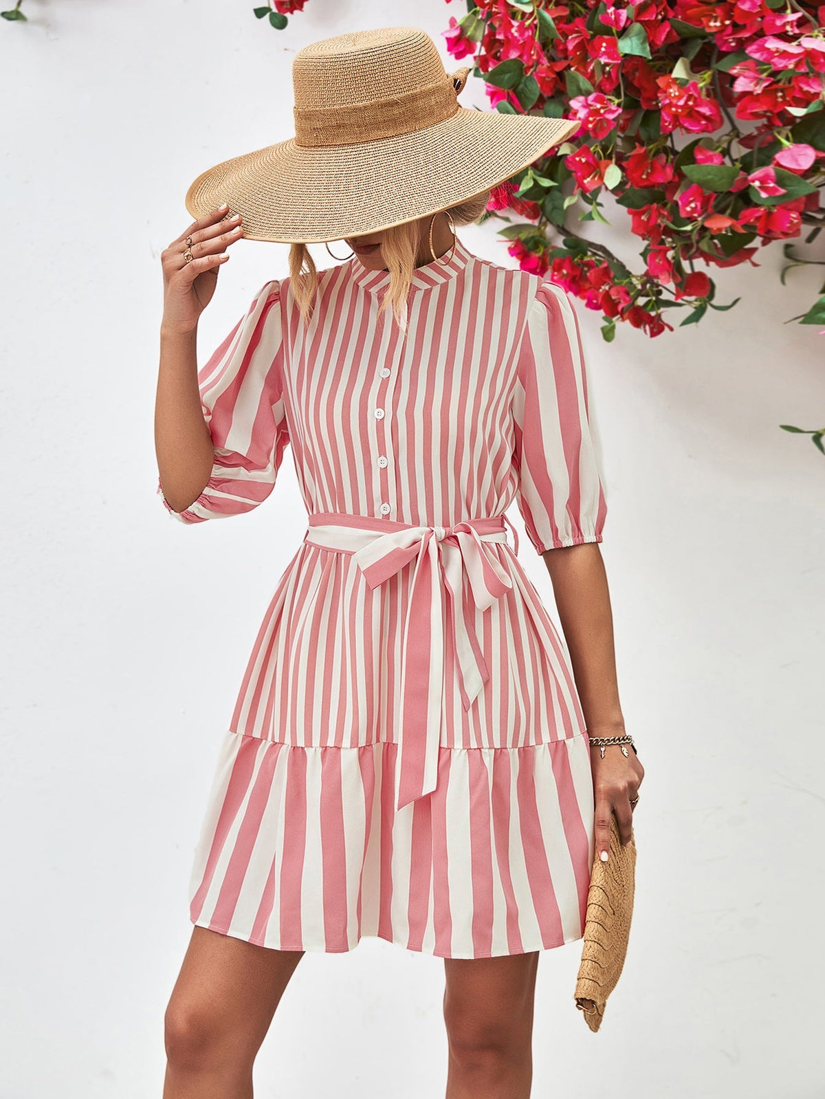 Striped Puff Sleeve Button Front Belted Ruffle Hem Mini Dress 4